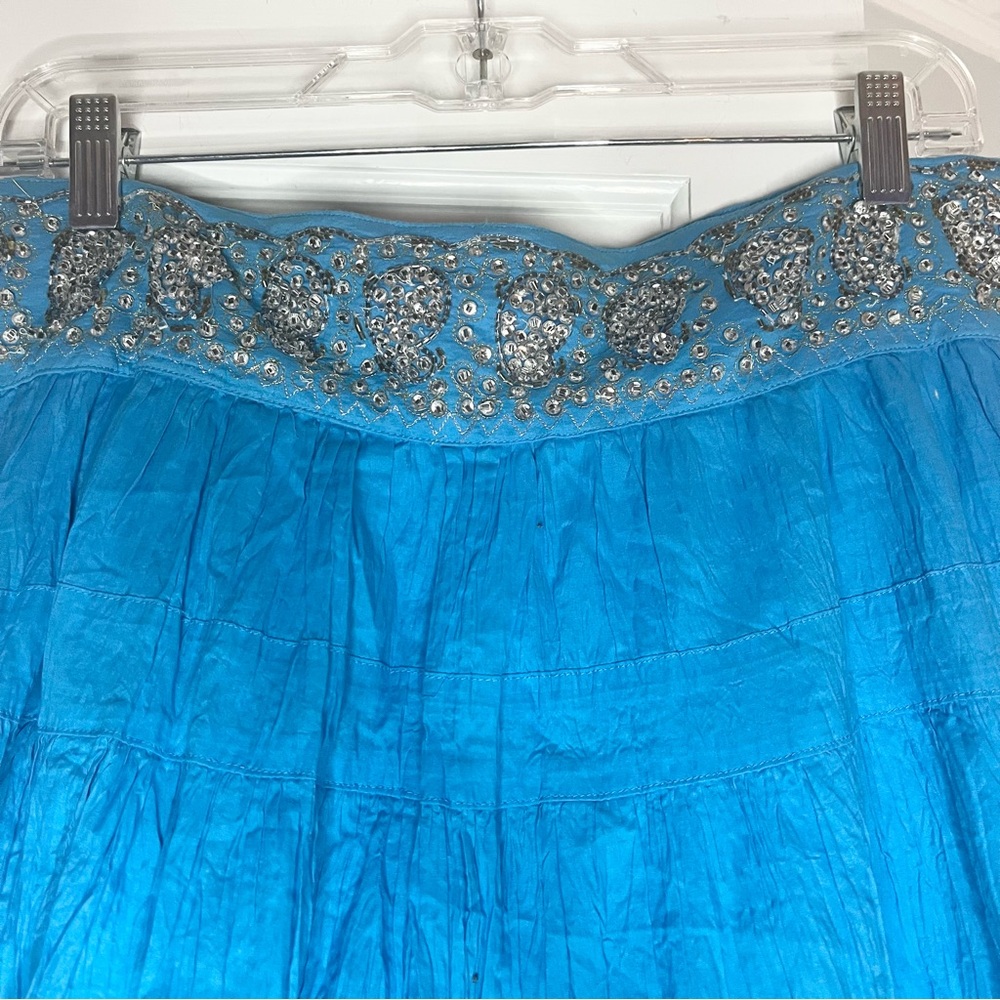 BCBGMaxAzria 100% Cotton Turquoise A-Line Skirt with Embellished Waist Casual